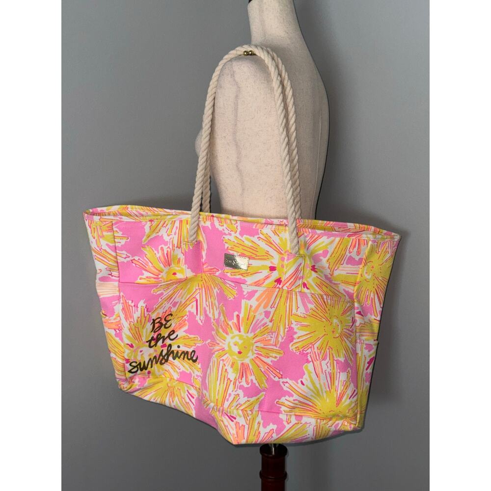 Lilly Pulitzer “Be the Sunshine” Large Canvas Beach Tote Pink Yellow Rope Handle